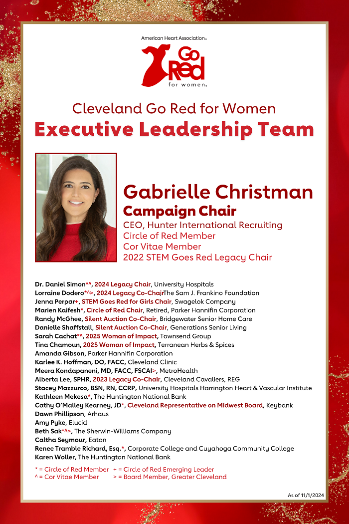 MEET OUR CHAMPIONS 2024-2025 Go Red for Women Executive Leadership Team Go Red for Women American Heart Association Logo Photo of Gabrielle Christman Campaign Chair CEO, Hunter International Recruiting Circle of Red Member Cor Vitae Member Dr. Daniel Simon*^, 2024 Legacy Chair, University Hospitals Lorraine Dodero*^, 2024 Legacy Co-Chair, The Sam J. Frankino Foundation Jenna Perpar+, STEM Goes Red for Girls Chair, Swagelok Company Marien Kaifesh*, Circle of Red Chair, Retired, Parker Hannifin Corporation Randy McGhee, Silent Auction Co-Chair, Bridgewater Senior Home Care Danielle Shaffstall, Silent Auction Co-Chair, Generations Senior Living Sarah Cachat*^, 2025 Woman of Impact, Townsend Group Tina Chamoun, 2025 Woman of Impact, Terranean Herbs & Spices Amanda Gibson, Parker Hannifin Corporation Karlee K. Hoffman, DO, FACC, Cleveland Clinic Meera Kondapaneni, MD, FACC, FSCAI>, MetroHealth Alberta Lee, SPHR, 2023 Legacy Co-Chair, Cleveland Cavaliers, REG Lora Lewis, JD*, BFG Supply Company Stacey Mazzurco, BSN, RN, CCRP, University Hospitals Harrington Heart & Vascular Institute Nicole McKinney-Johnson, MBA, Cleveland Rape Crisis Center Kathleen Mekesa*, The Huntington National Bank Cathy O’Malley Kearney, JD*, Cleveland Representative on Midwest Board, Keybank Dawn Phillipson, Arhaus Amy Pyke, Elucid Beth Sak*^>, The Sherwin-Williams Company Caltha Seymour, Eaton Marybeth Shamrock*, KPMG Renee Tramble Richard, Esq.*, Corporate College and Cuyahoga Community College Karen Woller, The Huntington National Bank * = Circle of Red Member + = Circle of Red Emerging Leader ^ = Cor Vitae Member > = Board Member, Greater Cleveland Presented nationally by C V S Health and Aetna Presented locally by the Sam J Frankino Foundation and University Hospitals Harrington Heart and Vascular Institute *As of 11/1/2024